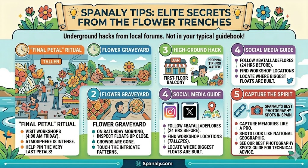 Infographic showing insider tips for the Laredo Battle of Flowers festival, including 4 AM workshop visits, balcony photography hacks, and social media tracking.