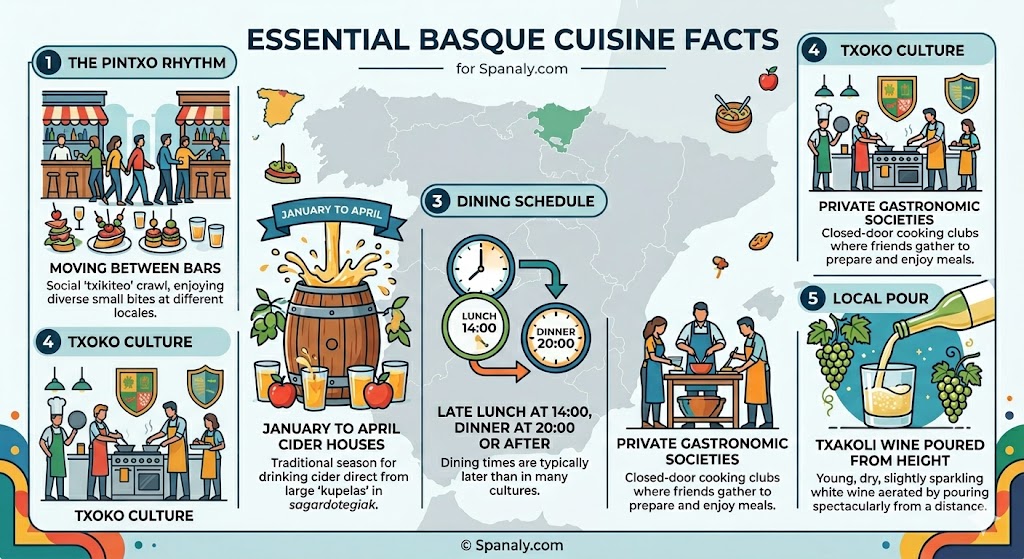 Infographic showing essential Basque cuisine facts including Pintxos rhythm, Txotx season, and dining schedules in Northern Spain for food tourists.
