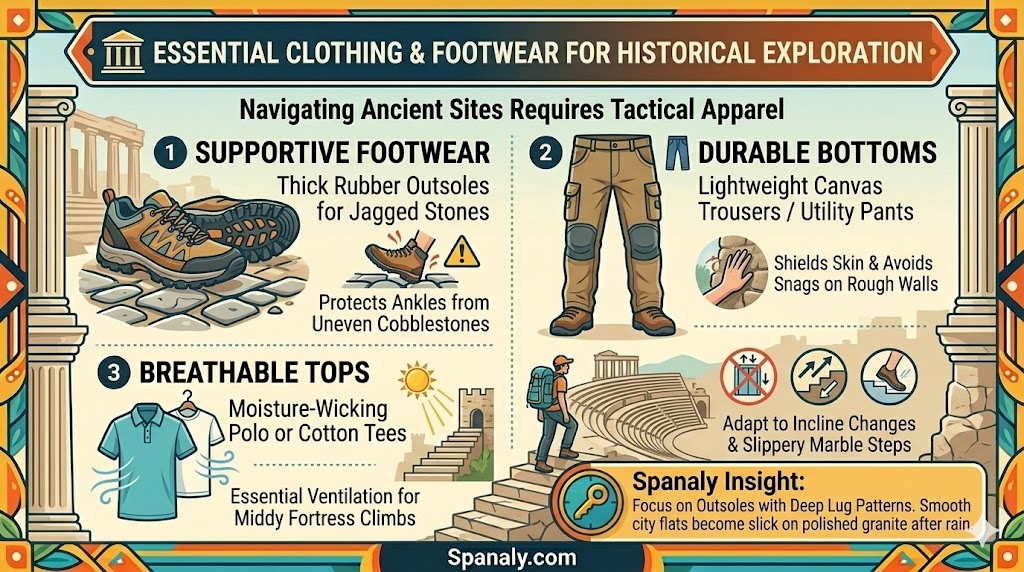 An expert travel infographic detailing essential clothing and footwear for historical exploration, showcasing supportive footwear on cobblestones, durable bottoms, and breathable tops.