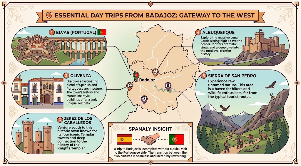 An infographic guide featuring essential day trips from Badajoz, Spain, highlighting cross-border travel to Elvas, Olivenza, Jerez de los Caballeros, Albuquerque, and Sierra de San Pedro.