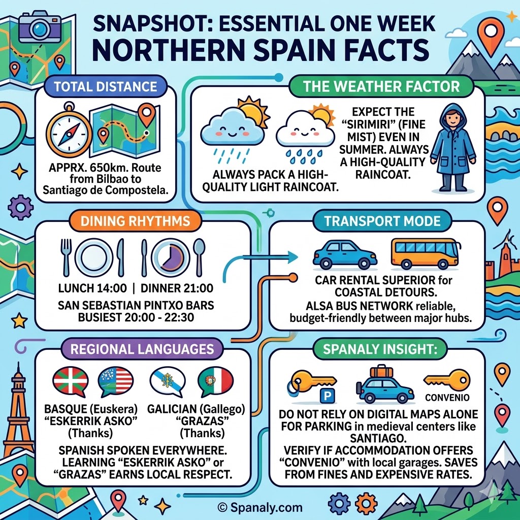Comprehensive infographic of essential Northern Spain travel facts including distances, weather tips, dining rhythms, transport modes, and local languages.