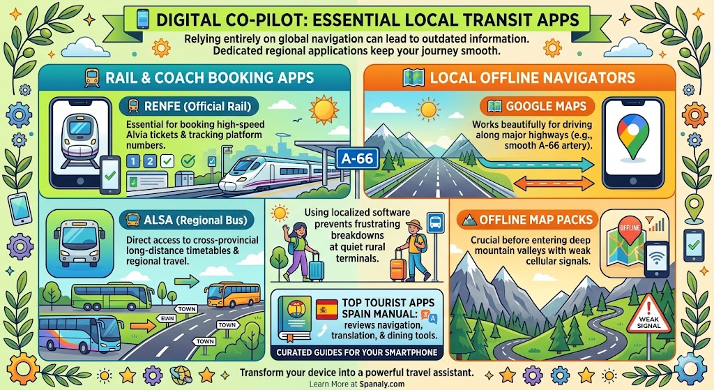 Infographic displaying essential local transit apps for Extremadura travel, including Renfe for rail, Alsa for buses, and offline map navigators.