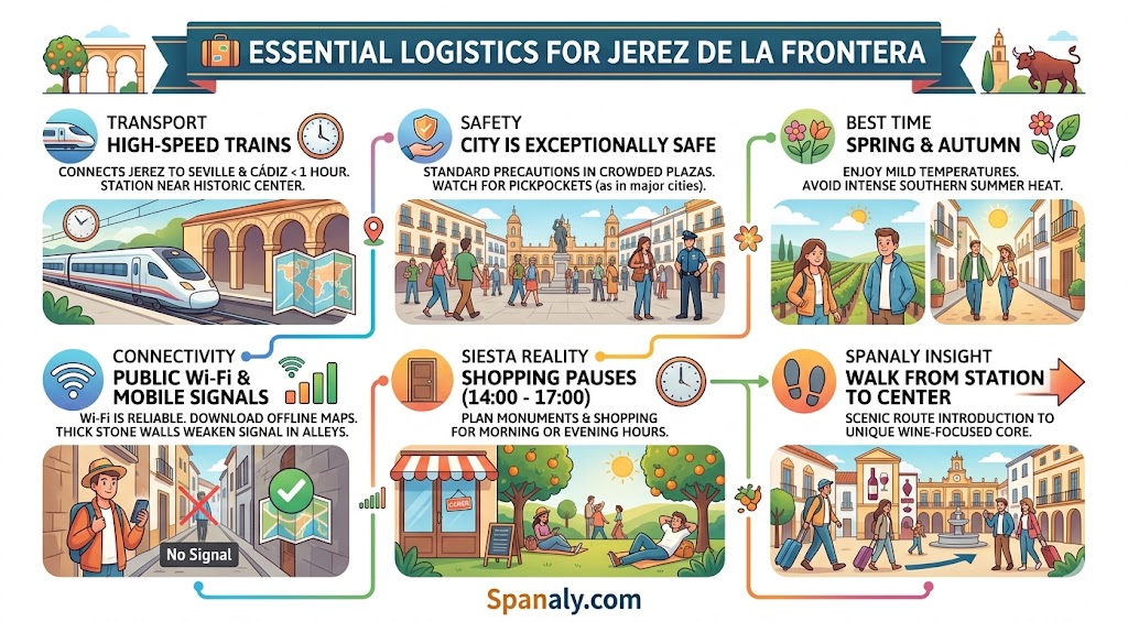 An infographic outlining essential travel logistics for Jerez de la Frontera, covering transport, safety tips, best time to visit, and local siesta customs.