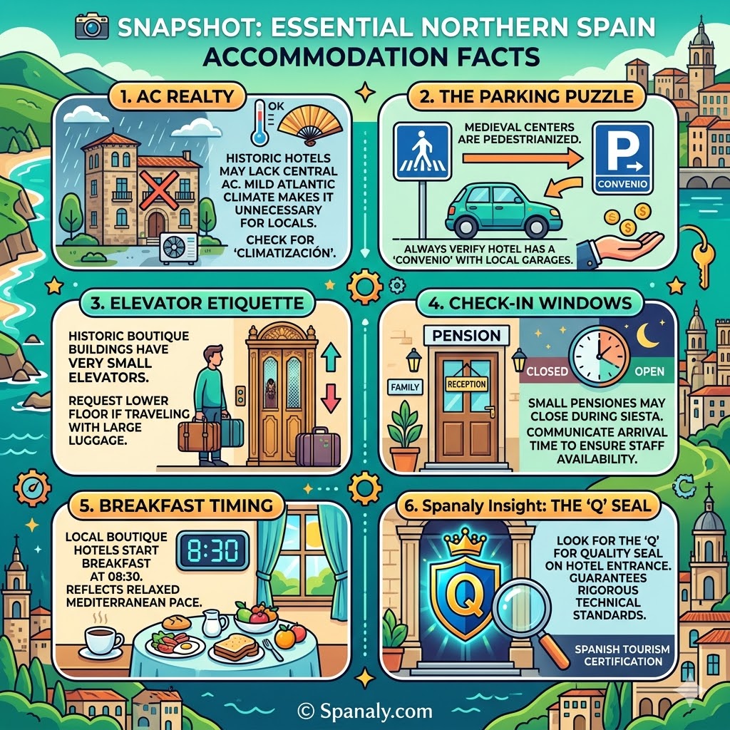 Expert infographic with booking tips for Northern Spain hotels, covering August peak season, walking inclines, festival price surges, and air conditioning filters.