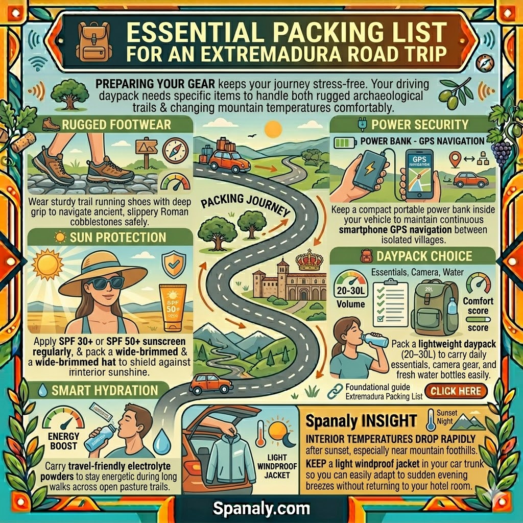 An essential travel packing list infographic for an Extremadura road trip, featuring rugged footwear, power banks, sun protection, a daypack, and smart hydration gear.