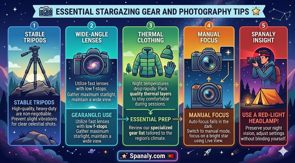 Infographic guide covering essential stargazing gear and photography tips, including advice on tripods, wide-angle lenses, thermal clothing, manual focus, and red-light headlamps.