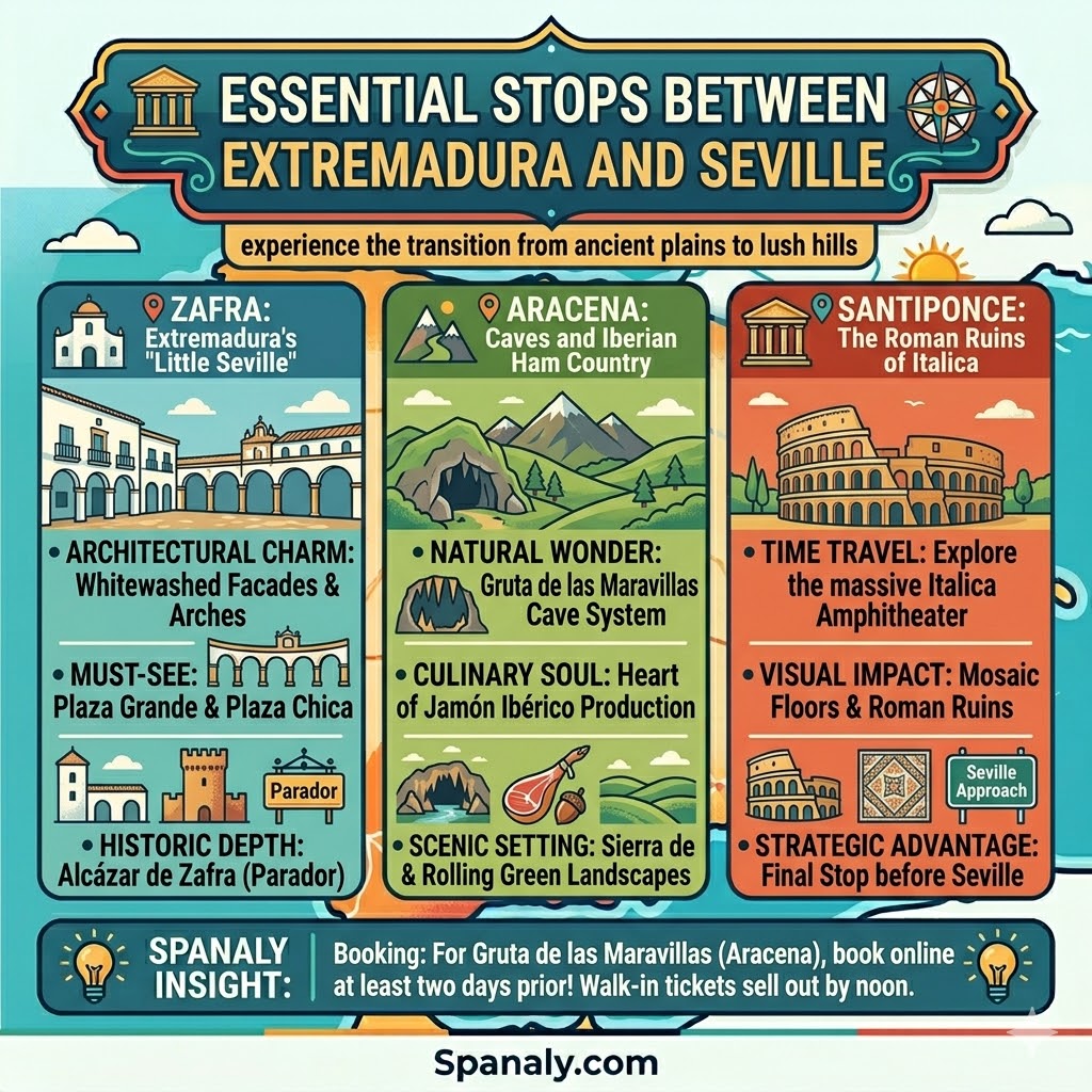 Infographic highlighting essential travel stops between Extremadura and Seville, including Zafra, Aracena, and the Roman ruins of Italica in Santiponce.