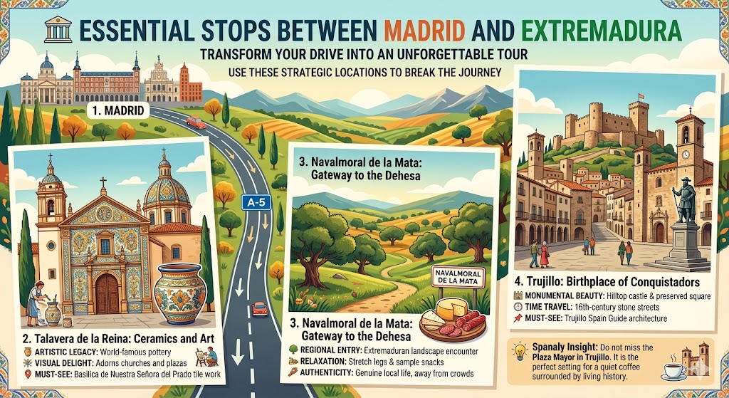 Infographic highlighting essential travel stops between Madrid and Extremadura, including Talavera de la Reina, Navalmoral de la Mata, and Trujillo.