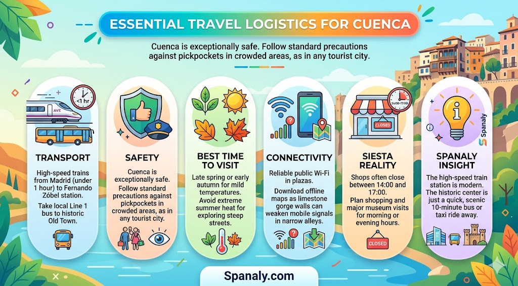 Infographic guide showing essential travel logistics for Cuenca, Spain, including transport, safety, connectivity, and siesta tips for a seamless trip
