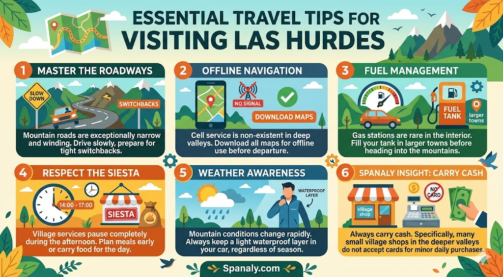 An infographic featuring essential travel tips for Las Hurdes, Spain, including advice on mountain driving, offline navigation, fuel management, and local customs.