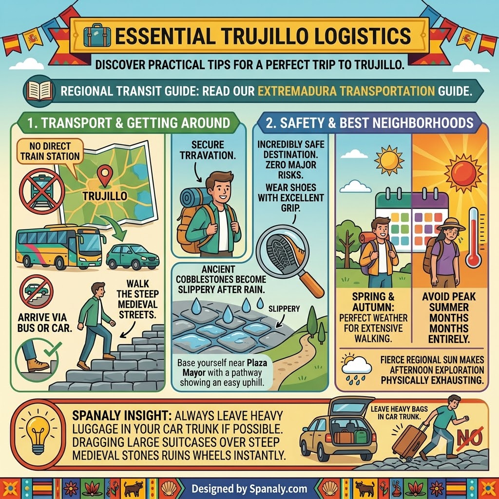 An infographic guide covering essential travel logistics for Trujillo, Spain, including transport, safety tips, best time to visit, and luggage advice.