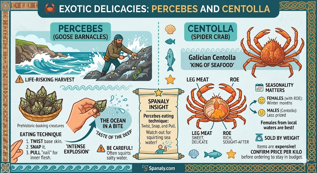 A detailed infographic about exotic Galician delicacies featuring goose barnacles (Percebes) harvested by risk-taking fishers and the Spider Crab (Centolla) known as the King of Seafood.