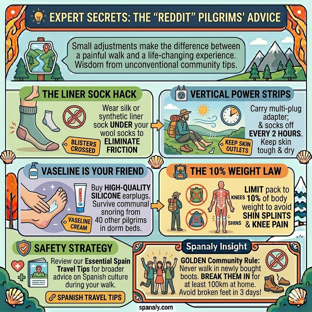 Infographic sharing expert pilgrim advice for Camino de Santiago including sock hacks, power strips, and foot care tips.