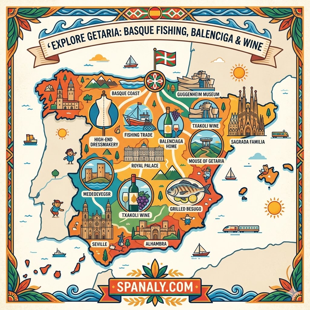 An epic infographic map of Spain in a vibrant flat vector style, highlighting Getaria as a top destination for Basque fishing heritage, the Balenciaga Museum, and Txakoli wine. Features local icons like grilled Besugo and the Mouse of Getaria with the Spanaly.com logo.