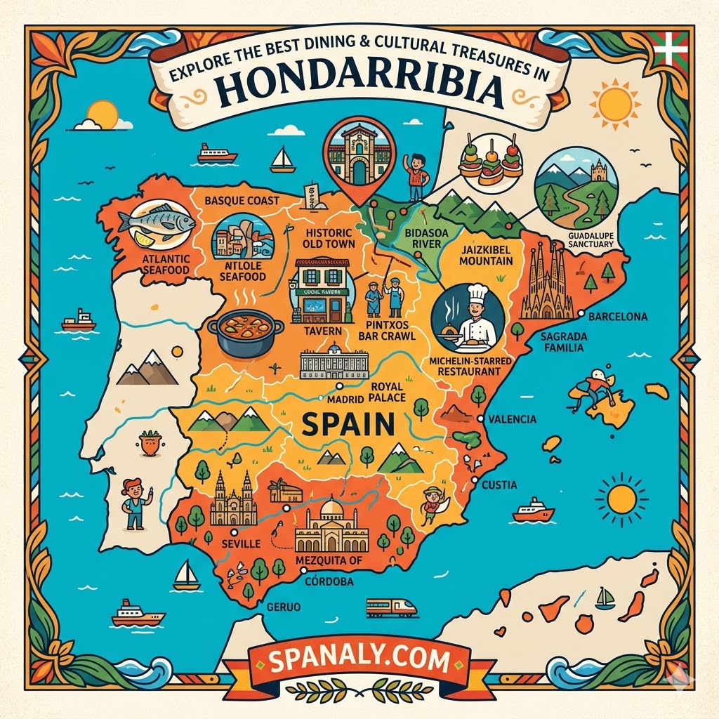 An epic infographic map of Spain in a vibrant flat vector style, highlighting Hondarribia as a top destination for dining and cultural treasures. Features landmarks like the historic Old Town and Basque gastronomy icons with the Spanaly.com logo.