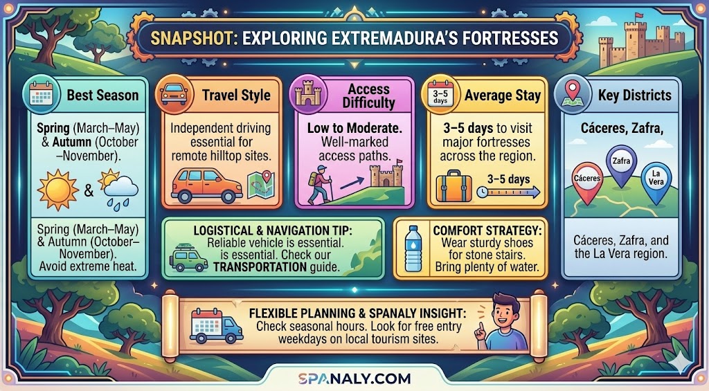 An infographic snapshot detailing essential travel logistics for exploring Extremadura's fortresses, including best seasons, travel styles, and site access tips.