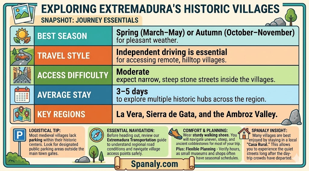 Infographic showing essential travel logistics for exploring historic medieval villages in Extremadura, including best seasons and tips.
