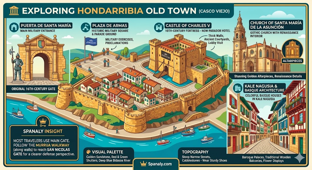 A detailed infographic of Hondarribia Old Town featuring the Puerta de Santa Maria, Plaza de Armas, Castle of Charles V, and the Church of Santa Maria de la Asuncion. It includes a visual palette of sandstone and Basque colors with a Spanaly Insight about the Murrua walkway.