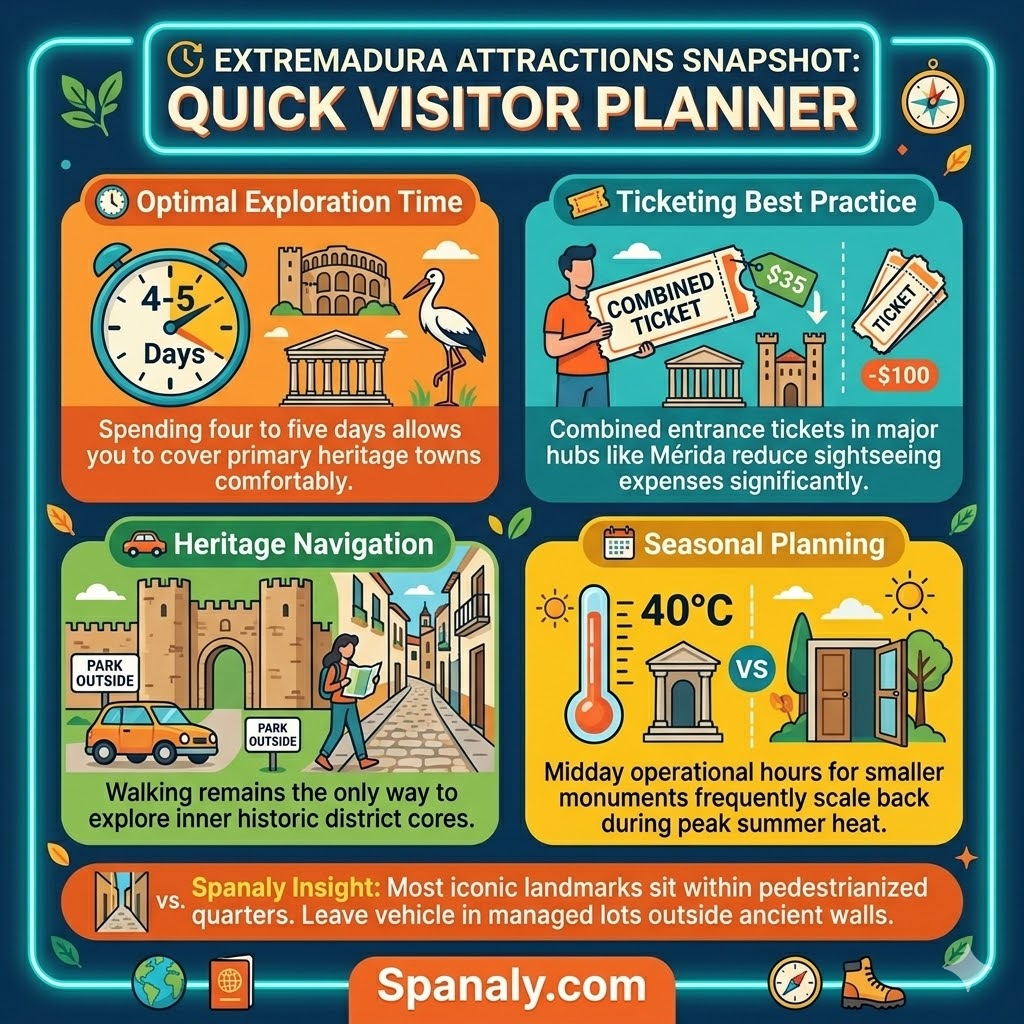 Quick visitor planner infographic map for Extremadura attractions showing optimal exploration times and heritage navigation tips