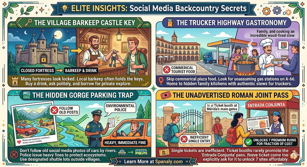 Infographic sharing elite travel secrets for Extremadura, including borrowing castle keys from village barkeeps, trucker highway food stalls, and the Mérida Roman joint pass.