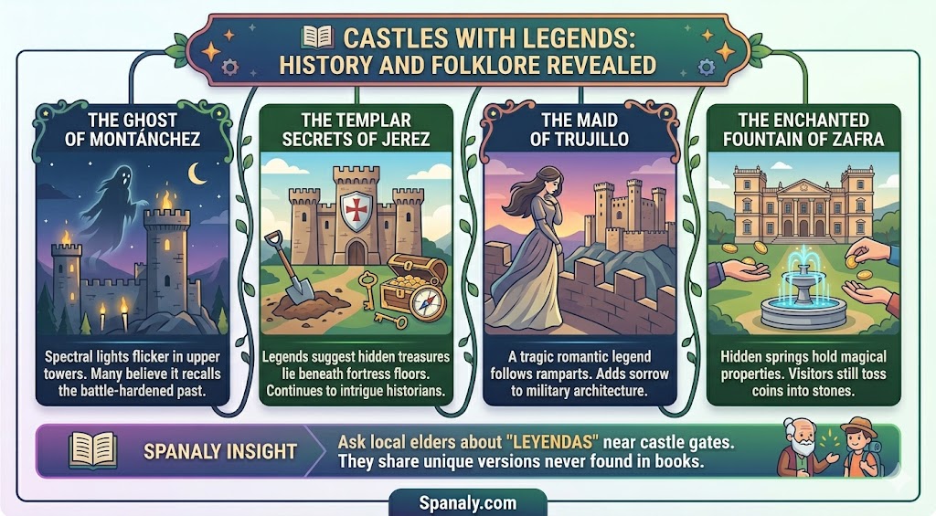 An infographic revealing the mysterious legends and folklore surrounding Extremaduran castles, featuring the ghost of Montánchez, Templar secrets, and the enchanted fountain of Zafra.