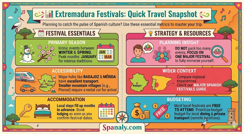 Infographic showing essential travel metrics and planning strategy for festivals in Extremadura, highlighting peak seasons, accessibility, and budgeting tips.