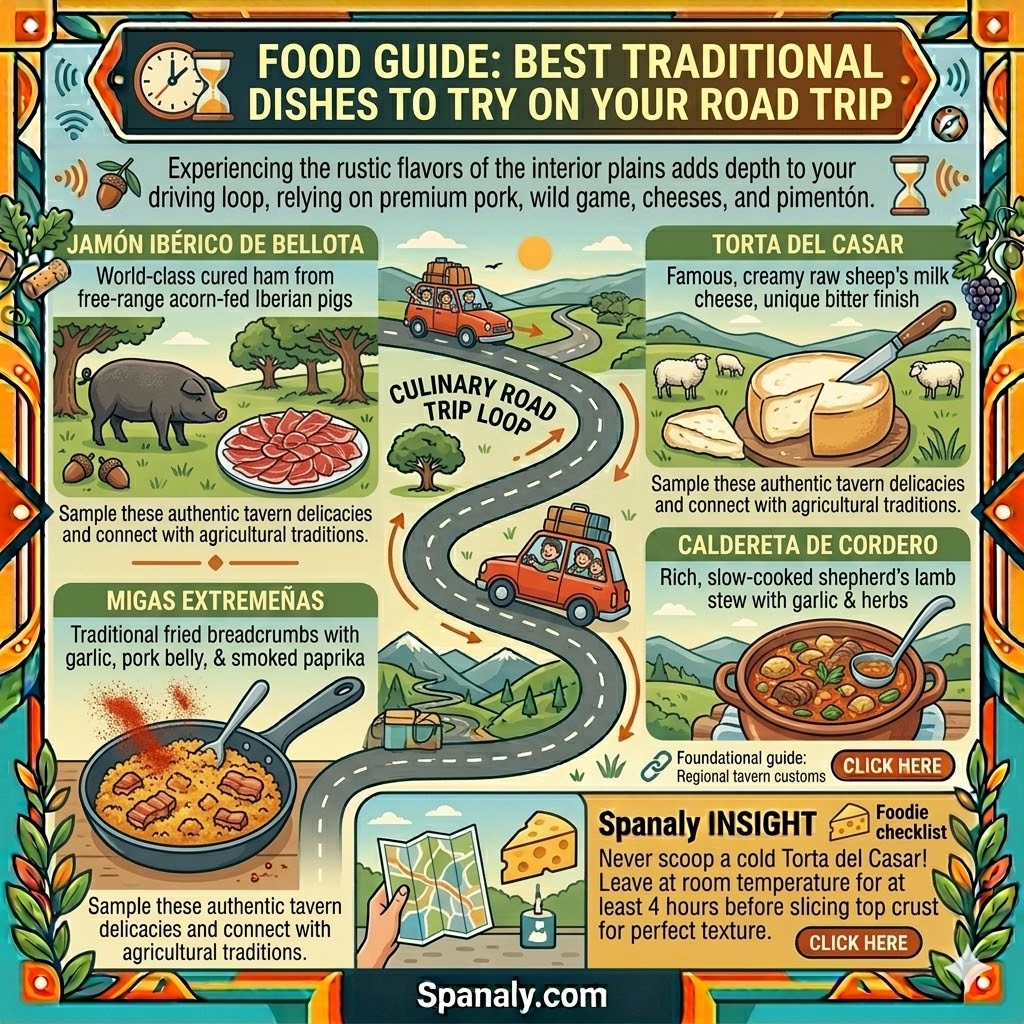 An informative travel food infographic about Extremadura, highlighting traditional dishes including Jamón Ibérico de Bellota, Caldereta de Cordero, Torta del Casar cheese, and Migas Extremeñas.