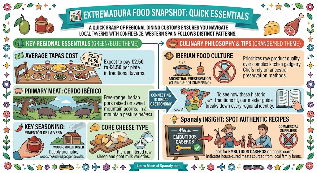 Infographic guide to Extremadura food essentials, highlighting Iberian pork, Pimentón de la Vera seasoning, regional cheeses, and traditional tapas costs.