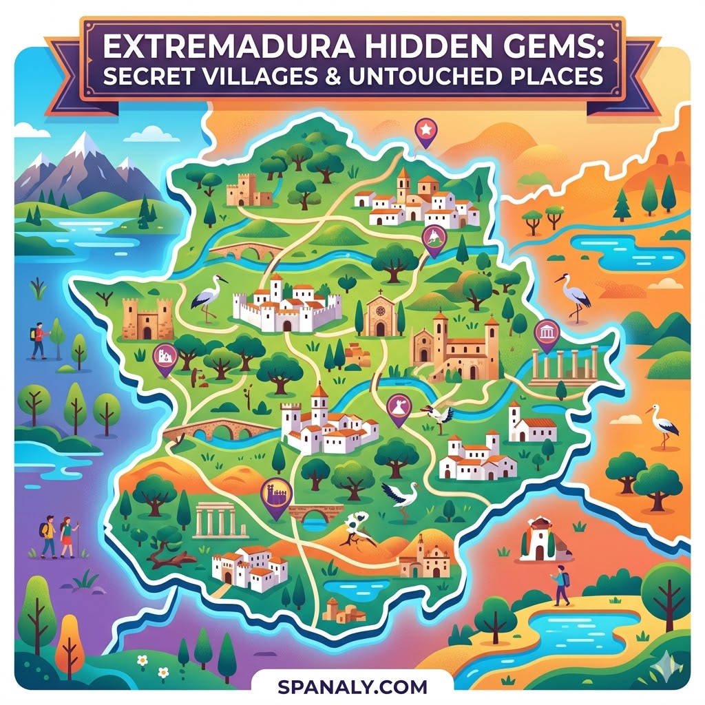 A vibrant flat vector style map of Extremadura highlighting hidden gems, secret villages, and untouched natural landscapes for travelers.