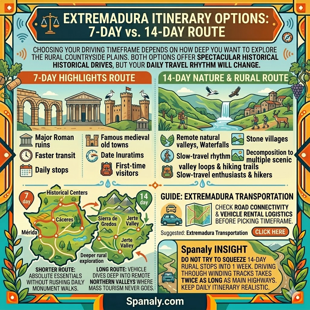 An informative travel infographic comparing Extremadura itinerary options, showing the 7-day highlights route with Roman ruins versus the 14-day nature and rural route.