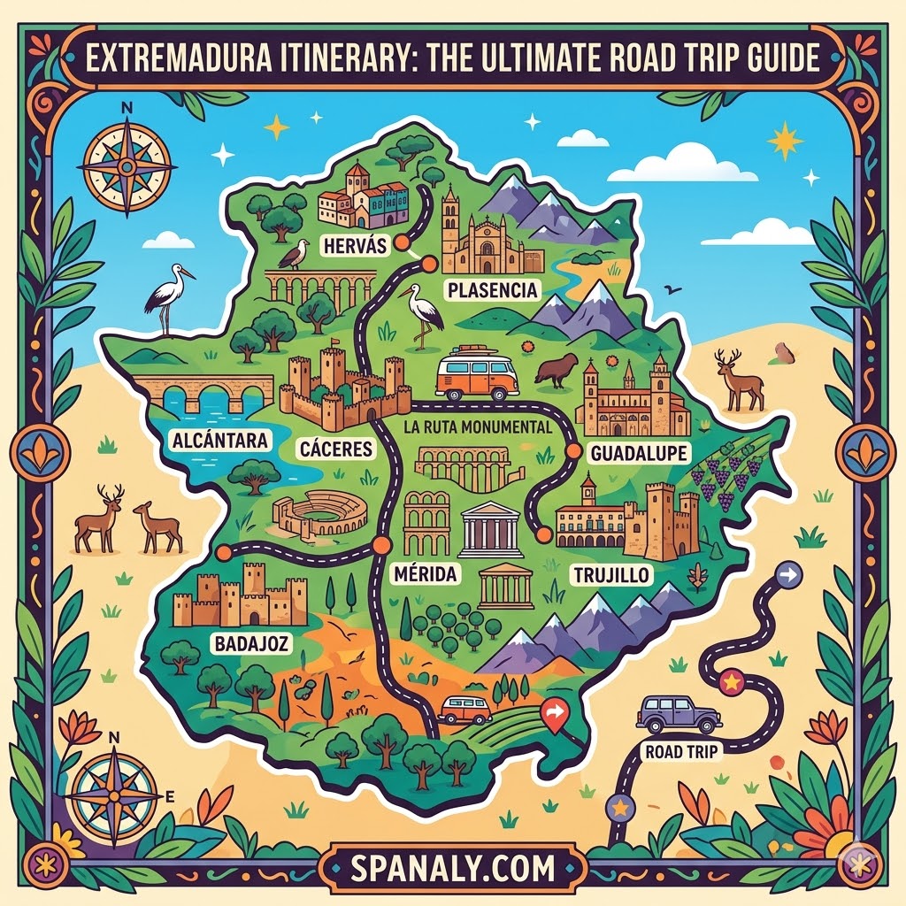 An epic infographic road trip map of Extremadura highlighting the ultimate itinerary route through Mérida, Cáceres, Trujillo, and Guadalupe.