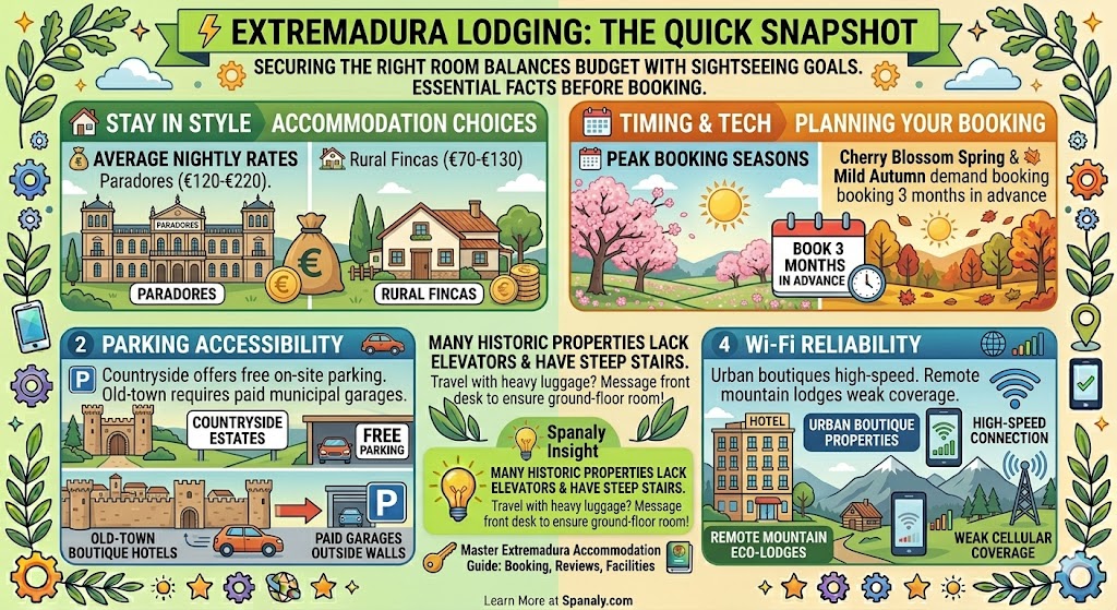 Infographic guide to Extremadura lodging, showing average nightly rates for paradores and fincas, parking availability, peak booking seasons, and Wi-Fi reliability.