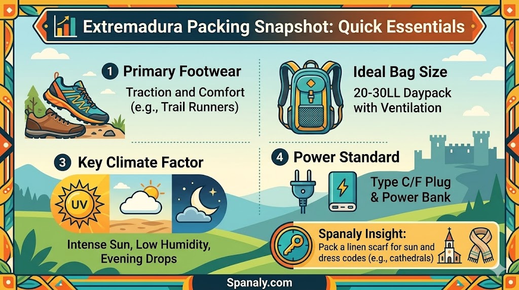 An informative travel infographic packing snapshot for Extremadura featuring trail runners, a 25L daypack, climate tips, and European power adapters.