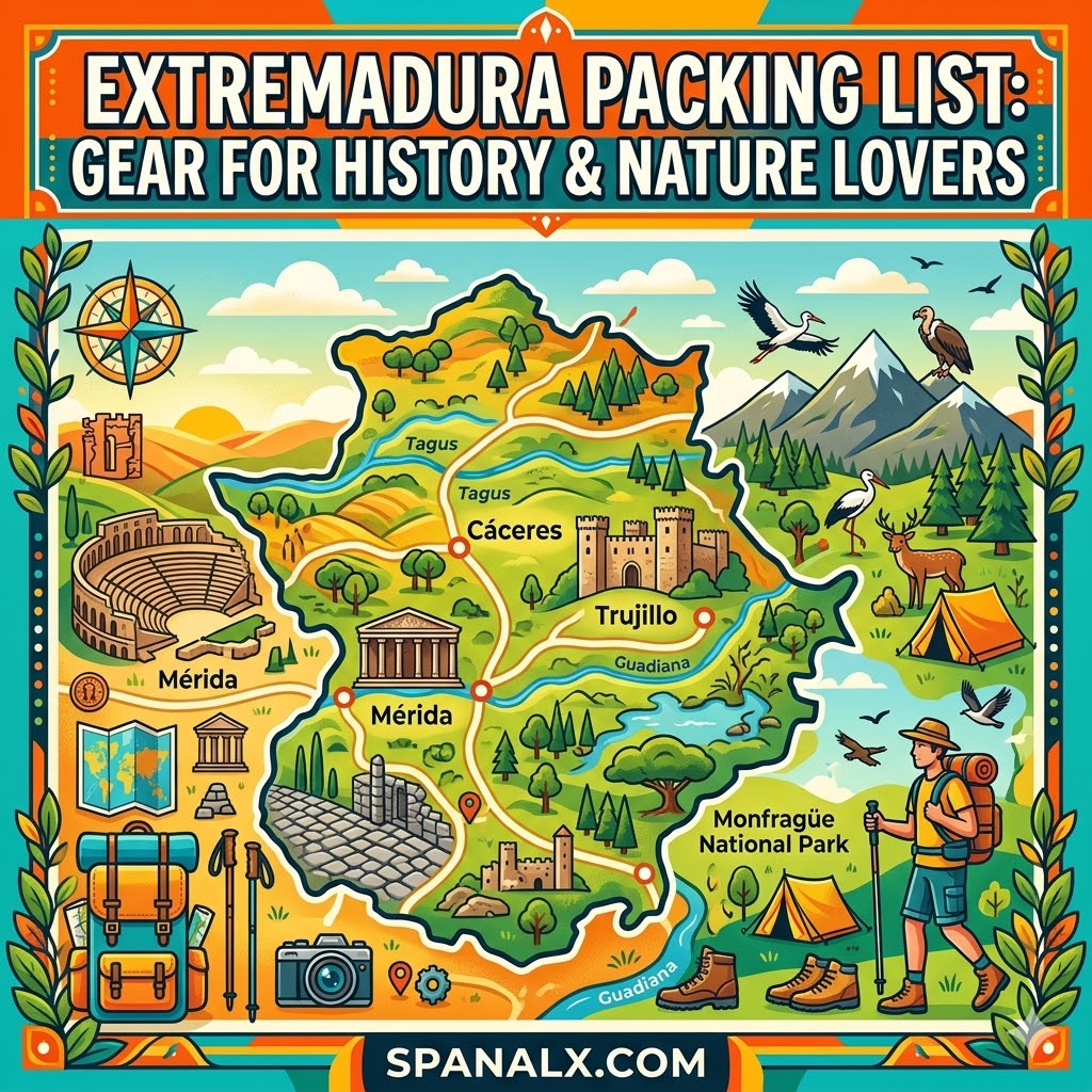 An epic infographic map of Extremadura highlighting packing list gear for history and nature lovers with icons of Mérida, Trujillo, and Monfragüe National Park.