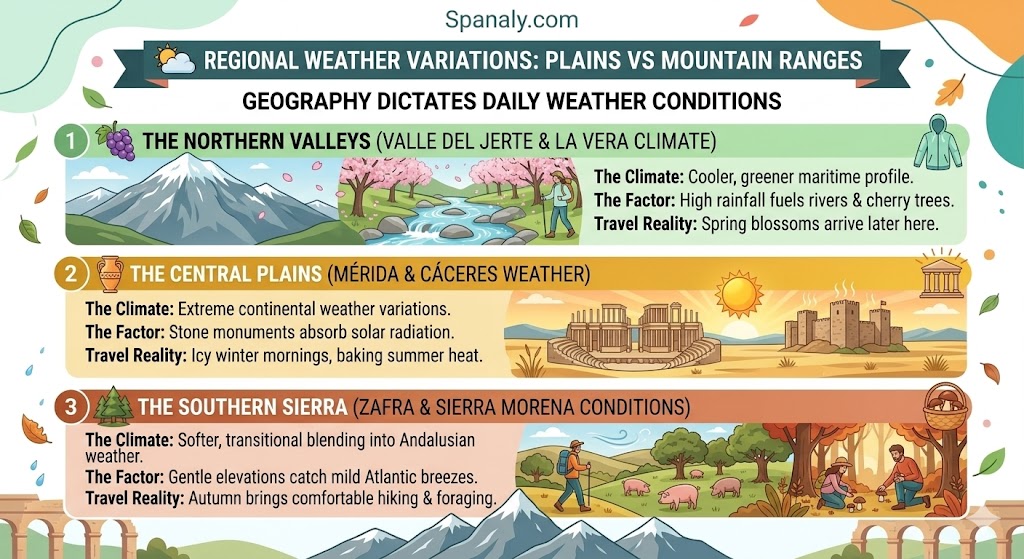 Infographic showing Extremadura weather variations across the Northern Valleys, Central Plains, and Southern Sierra, highlighting microclimates and landscapes.