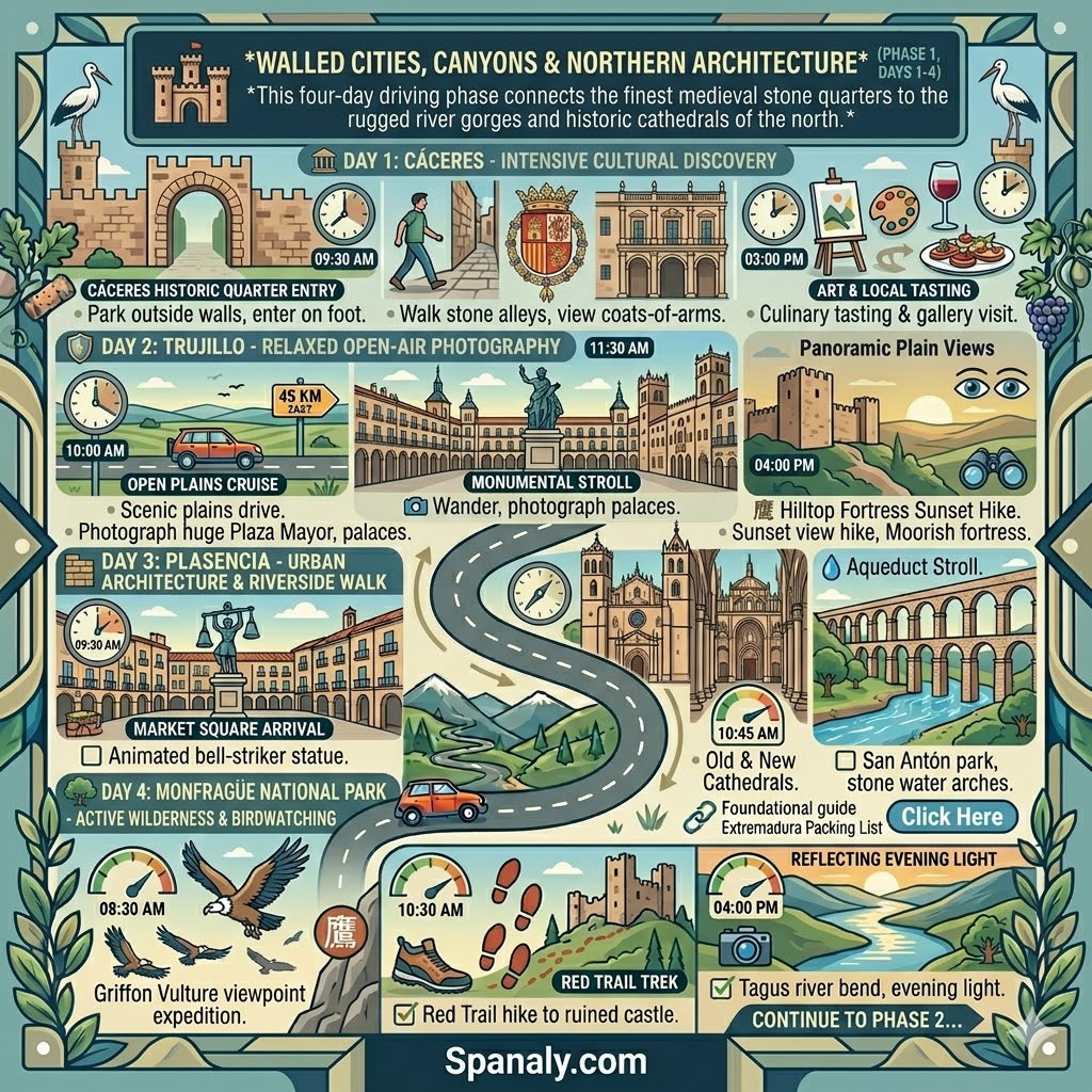A pastel-themed travel itinerary infographic map for Extremadura Phase 1, detailing daily routes and timing for Cáceres, Trujillo, Plasencia, and Monfragüe National Park.