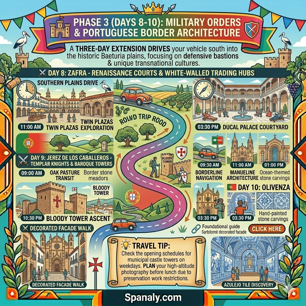 A vibrant, colorful travel infographic map for Extremadura Phase 3, outlining driving schedules and cultural highlights for Zafra, Jerez de los Caballeros, and Olivenza.