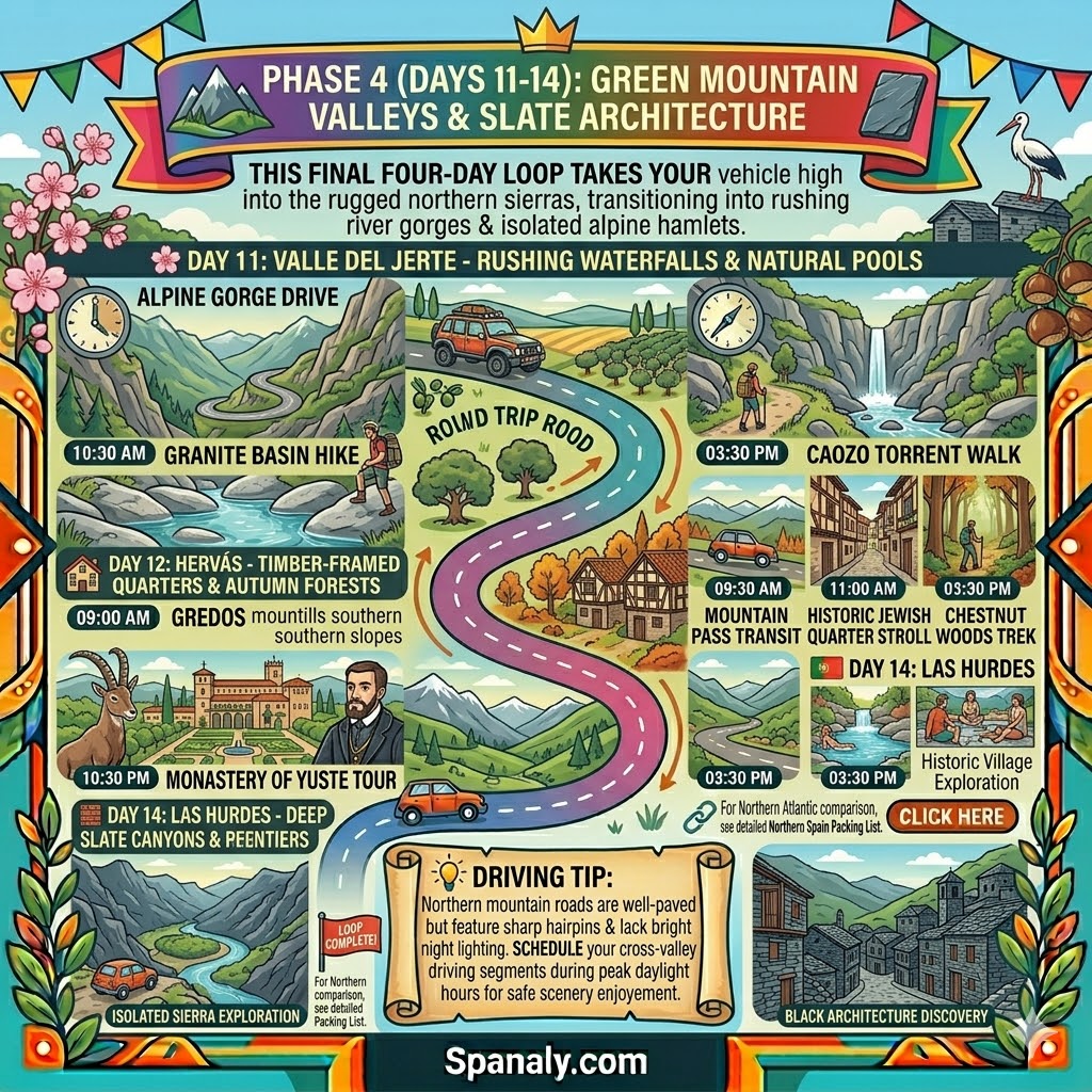 A detailed travel route infographic for Extremadura Phase 4, highlighting driving itineraries and schedules for Valle del Jerte, Hervás, La Vera, and Las Hurdes.