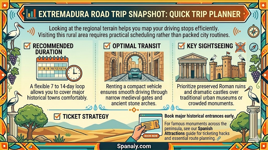 An informative travel infographic providing a quick trip planner snapshot for an Extremadura road trip, detailing recommended duration, optimal transit options, and key sightseeing strategies.