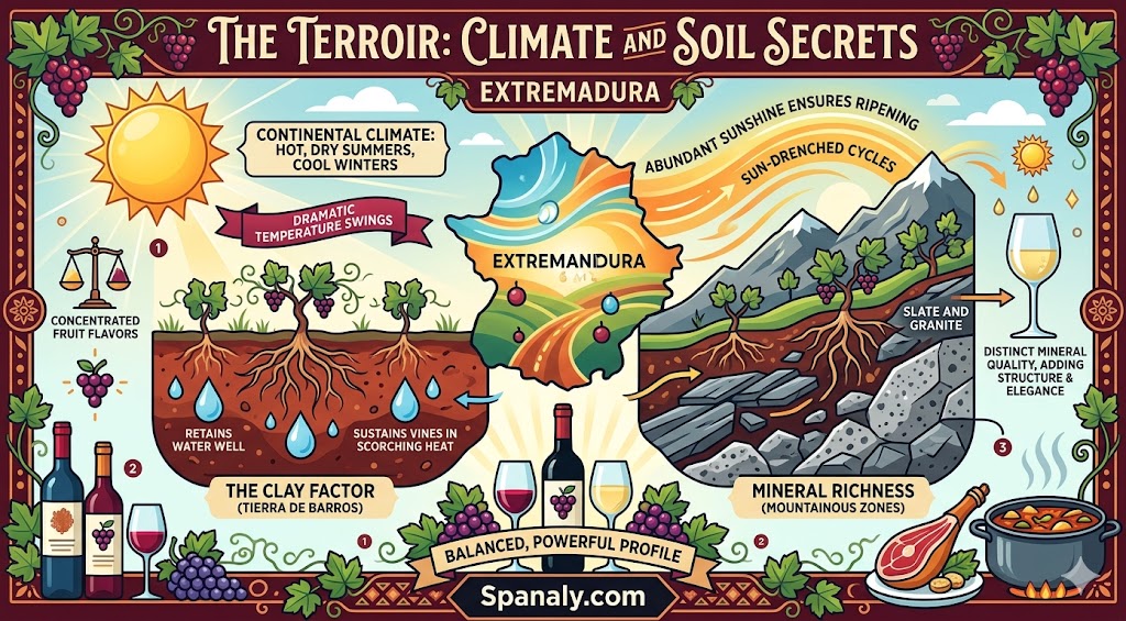 Infographic explaining the terroir of Extremadura, showcasing the continental climate, clay and mineral-rich soils, and their impact on wine quality.