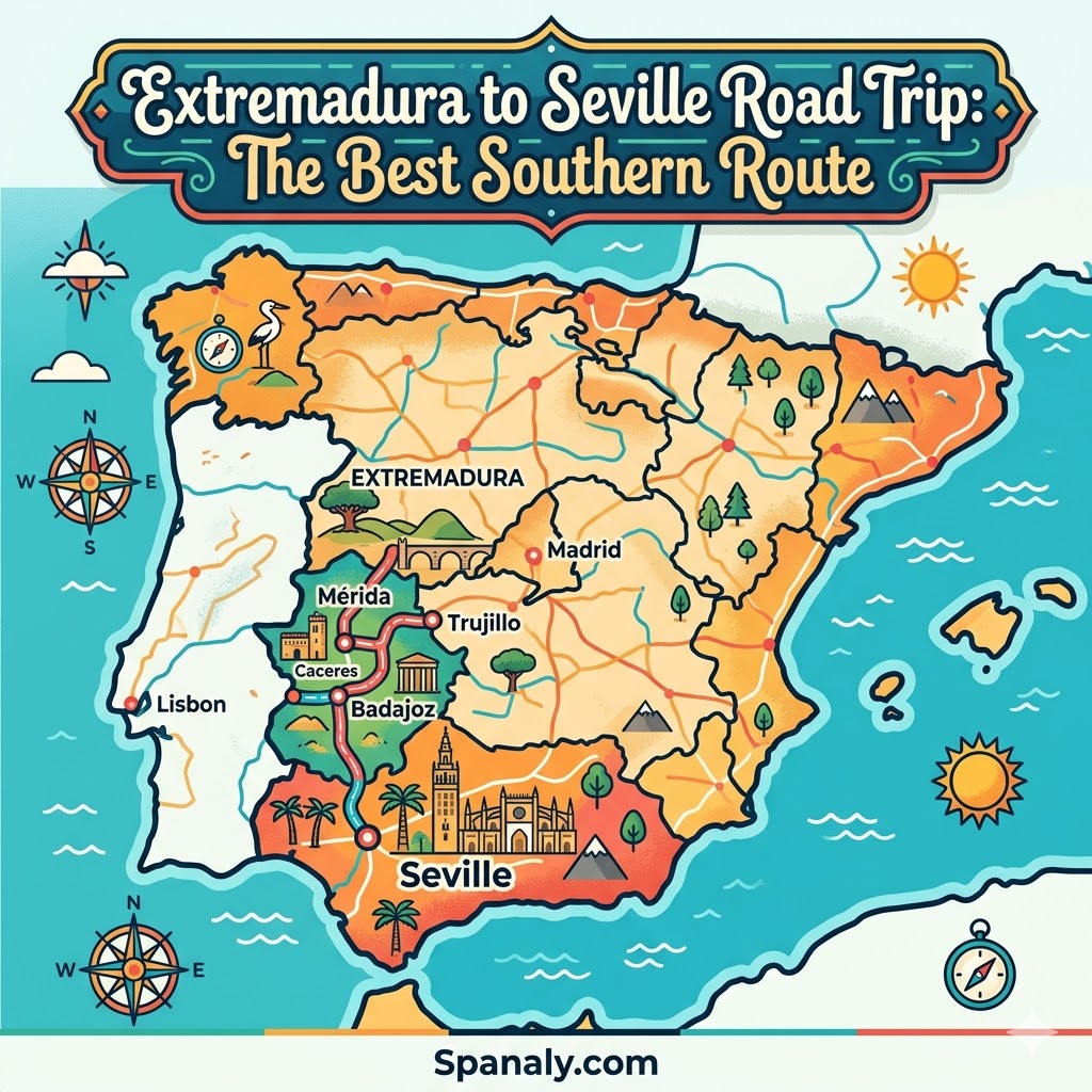 An Epic Infographic Map showcasing the scenic road trip route from Extremadura to Seville, highlighting key stops across the Southern Spain region.