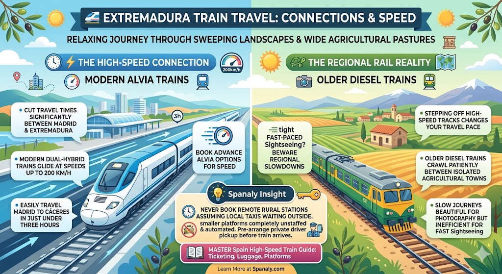 Infographic guide about Extremadura train travel, comparing modern Alvia high-speed connections from Madrid to Cáceres with the regional rail reality of older diesel trains.