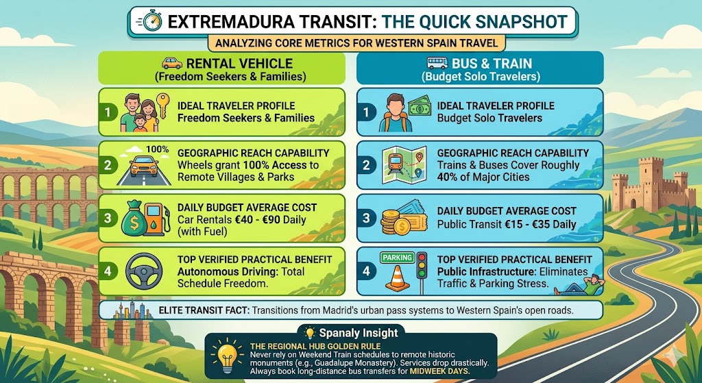 Infographic displaying Extremadura transit core metrics, comparing rental vehicles and public bus or train services regarding reach, cost, and traveler profiles.