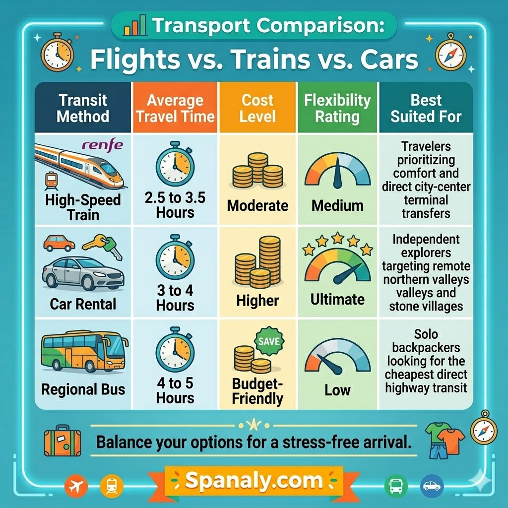 Comparison table infographic comparing travel times and costs for trains, car rentals, and regional buses to Extremadura