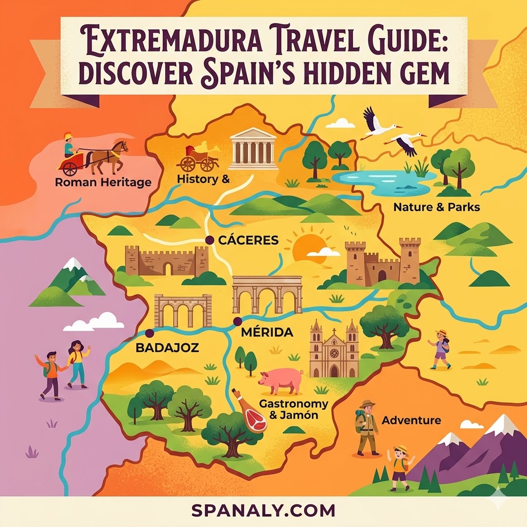 Illustrated map of Extremadura highlighting major historical landmarks and natural landscapes for the ultimate Spain travel guide.