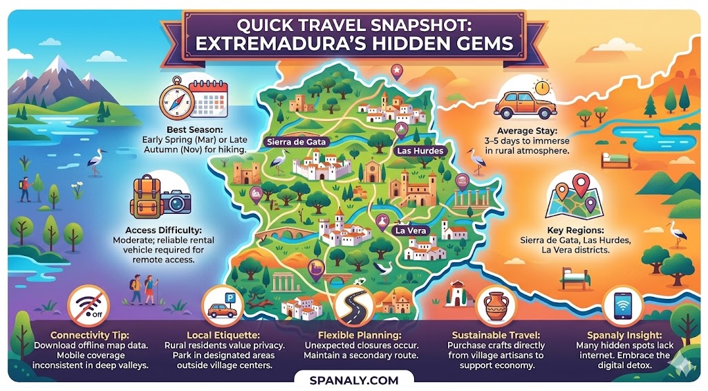 A colorful infographic map of Extremadura showing quick travel tips, best seasons, key regions, and essential planning advice for exploring hidden villages.