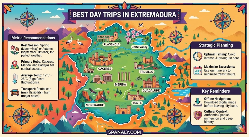 An infographic snapshot of Extremadura travel tips, showing essential metrics like best seasons, transport, and strategic planning for day trips in Spain.