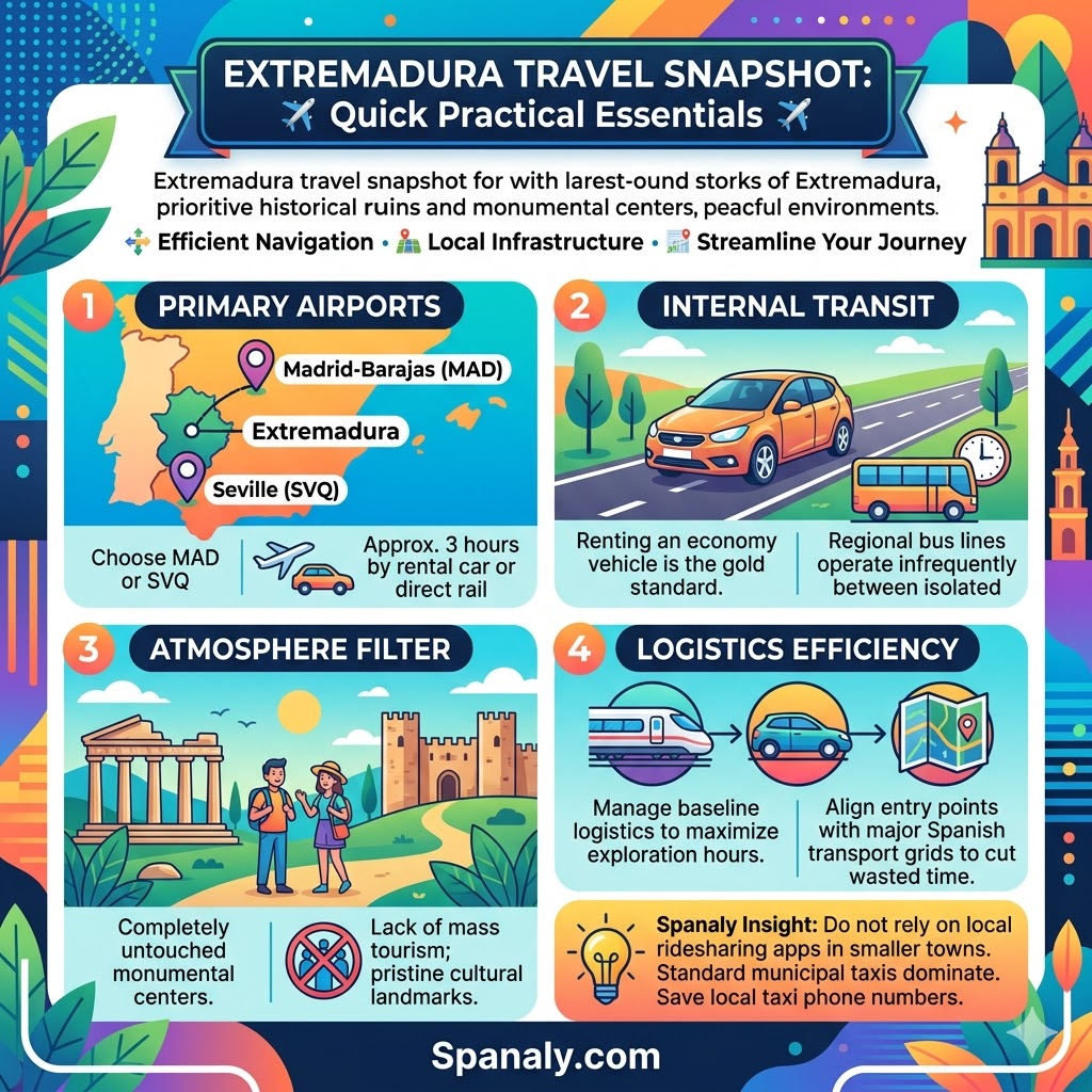 Infographic outlining Extremadura travel essentials, including primary airports, internal transit tips, atmosphere details, and Spanaly insight on local taxis.