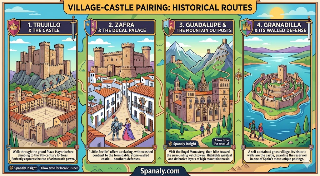 Colorful infographic illustrating four historical routes in Extremadura that pair medieval villages with their protective castles, featuring Trujillo, Zafra, Guadalupe, and Granadilla.