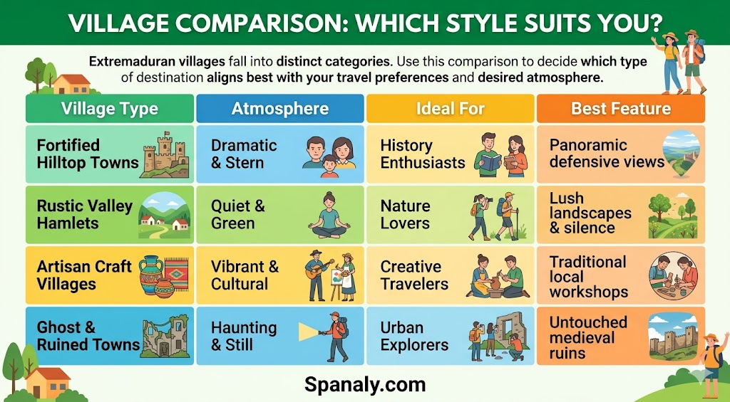 Infographic comparing different types of medieval villages in Extremadura, helping travelers choose between hilltop towns, rural hamlets, and artisan villages based on their preferences.